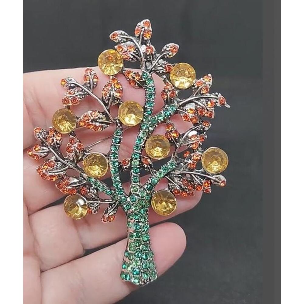 Autumn Leaves Tree Brooch Faux Jewel & Rhinestones on Silver Tone Metal
